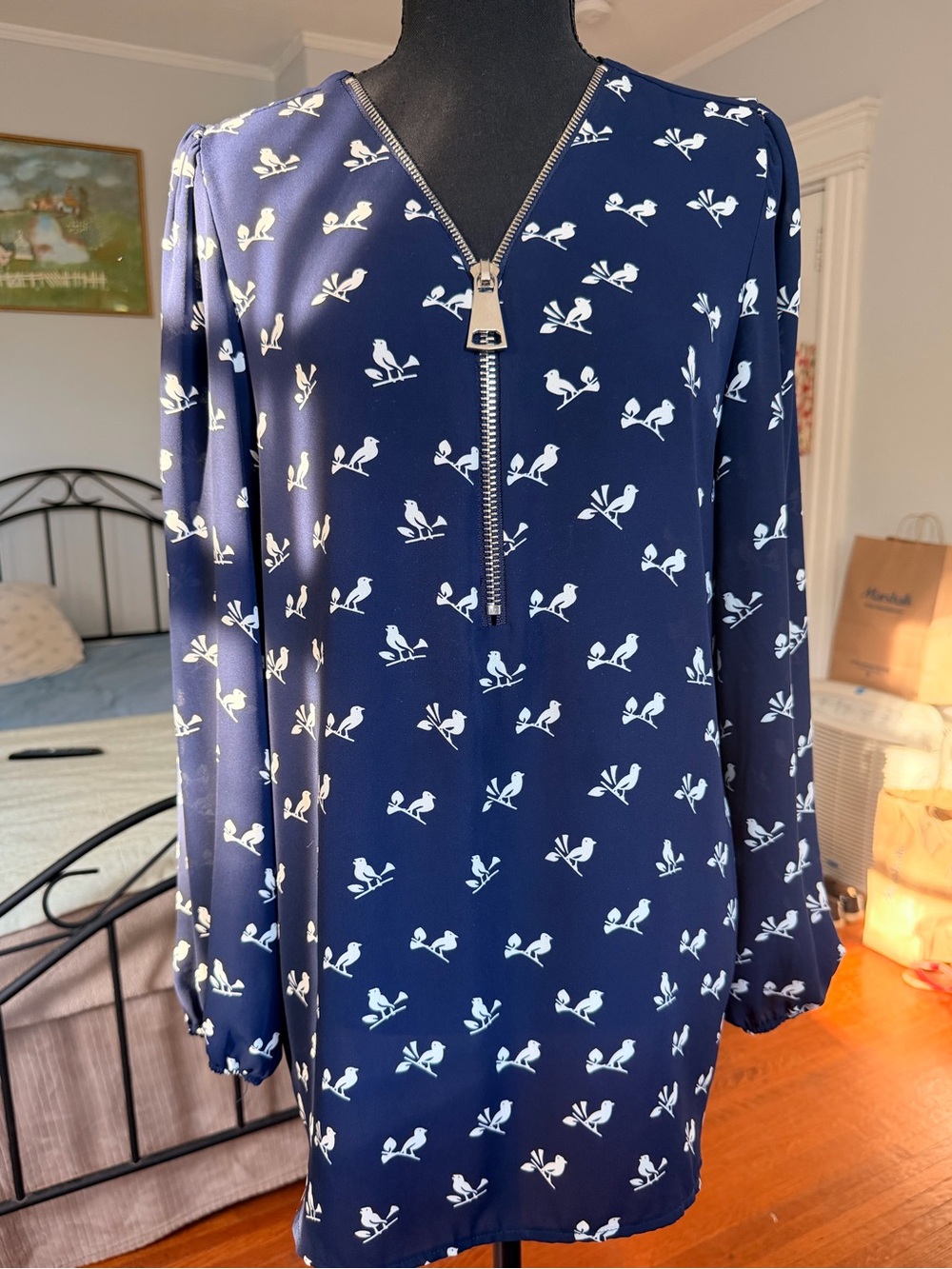 Premise Navy Blue Bird-Print Blouse Size Large